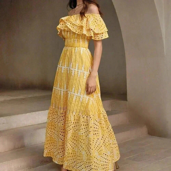 Yellow Party Women's Light Hollow Out Romantic Strapless Dress - Picture 6 of 7